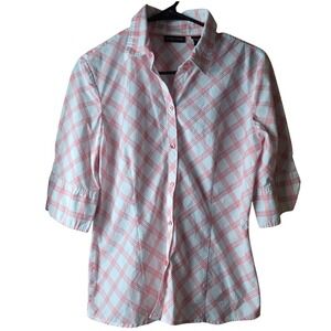 New York & Company Stretch Plaid Button Front Shirt Womens Medium Pink White 3/4